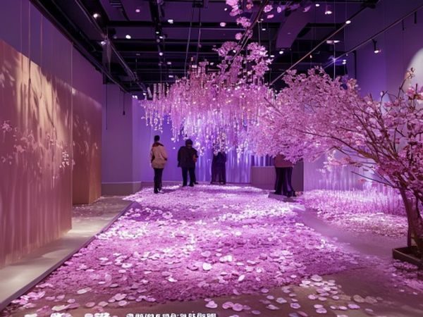 樱之空品牌展示：日式美学室内空间中，粉紫色灯光从天花板垂落，地面铺满仿真樱花花瓣，访客驻足于花境中拍照留念