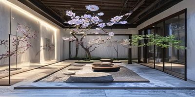 樱之空枯山水冥想室：极简白石与黑砂构成的禅意庭院，四周悬挂透明樱花装置，光线柔和，适合静思与拍照