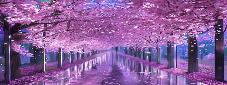 樱之空花瓣雨廊道全景：长达50米的室内廊道顶部持续飘落粉色仿真花瓣，两侧霓虹灯带呈深紫与粉紫渐变，地面镜面反射出无限延伸的花海，氛围如梦似幻