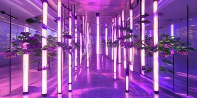 樱之空霓虹花境区：粉紫色霓虹灯管缠绕在花枝间，现代感与自然意象融合，光影在地面形成迷幻的几何图案