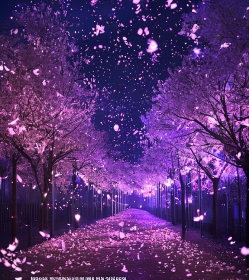深紫夜空下漫天粉色樱花花瓣飘落，霓虹粉紫灯光映照出梦幻廊道，游人在花瓣雨中驻足仰望，氛围唯美治愈，是樱之空沉浸式体验的标志性场景